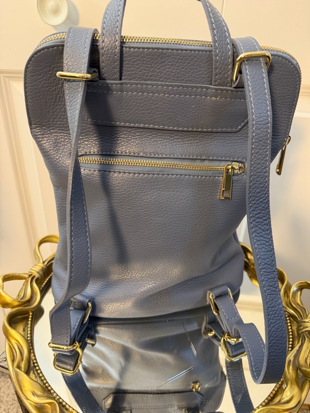 Everyday Italian Leather Backpack in Dusty Blue with Gold Hardware made in Italy